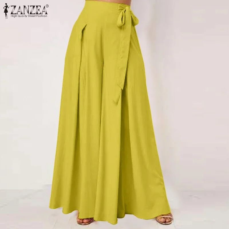 ZANZEA Summer Wide Leg Pants Women High Waist Long Trousers Casual Solid Pleated Pantalon Elegant Flare Pant Streetwear Oversize