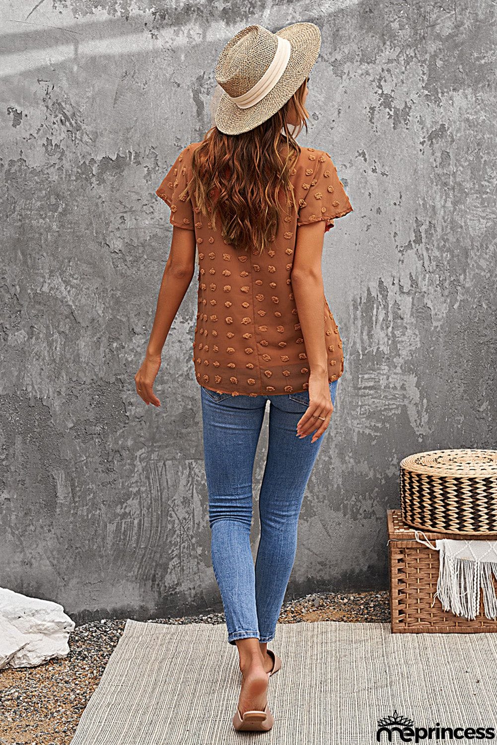 Brown Short Ruffled Sleeve Swiss Dot Blouse