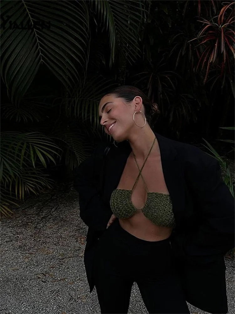 Yiallen Summer Sexy Solid Knit Bandage Hollow Out Backless Women Camisole 2022 New Party Vacation Street Clubwear Female Top