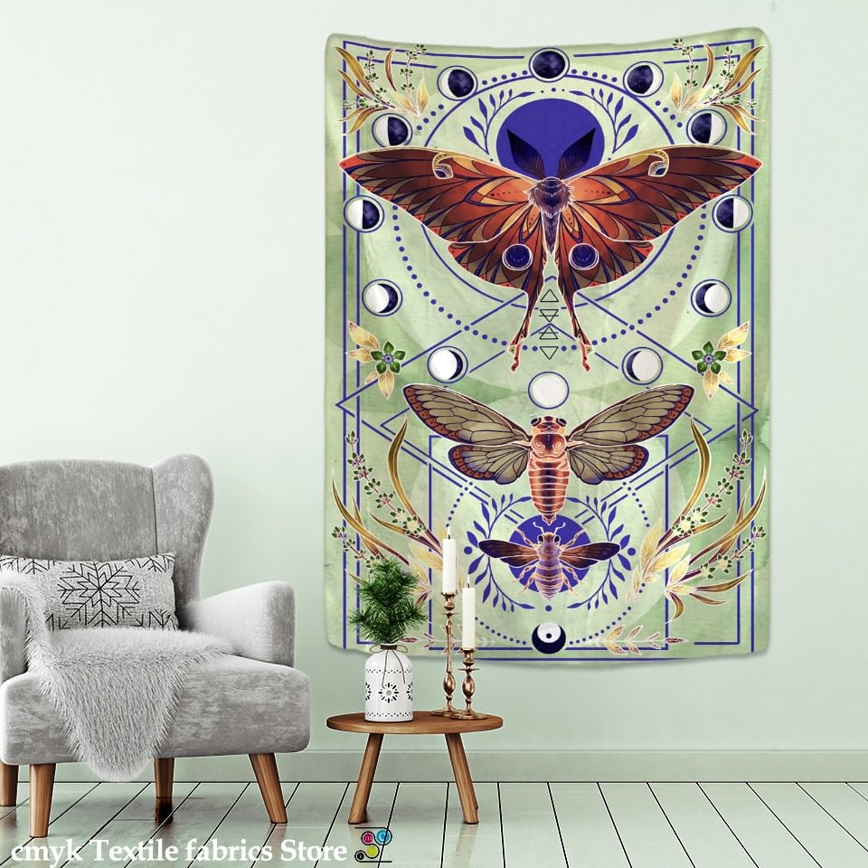 Moon Phase Butterfly Tapestry Wall Hanging Psychedelic Mysterious Witchcraft Bohemian Style Aesthetics Room Home Decor