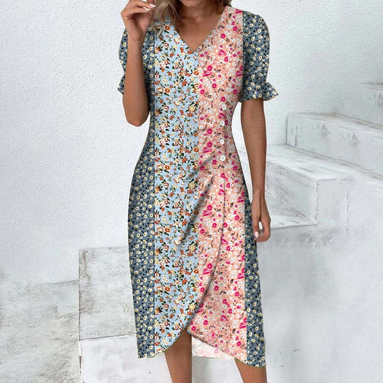 Noombusiness Dresses On Sale Clearance Woman Cocktail Dress Fashion Casual V Neck Puffed Sleeves Button Irregular Hem Summer Womens Vestidos