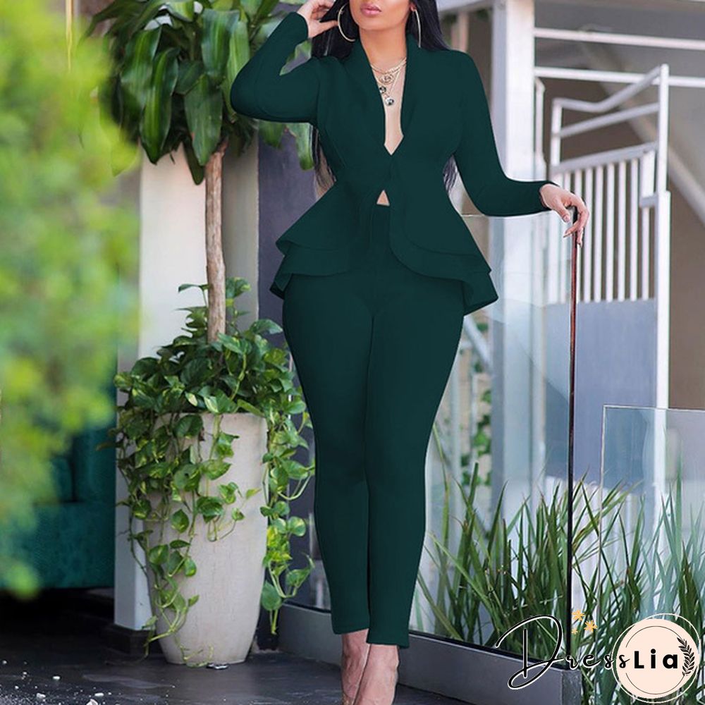 Women's Formal Work Blazer Jacket Pants Business Office Outfits Suit Set Ruffle Solid Color