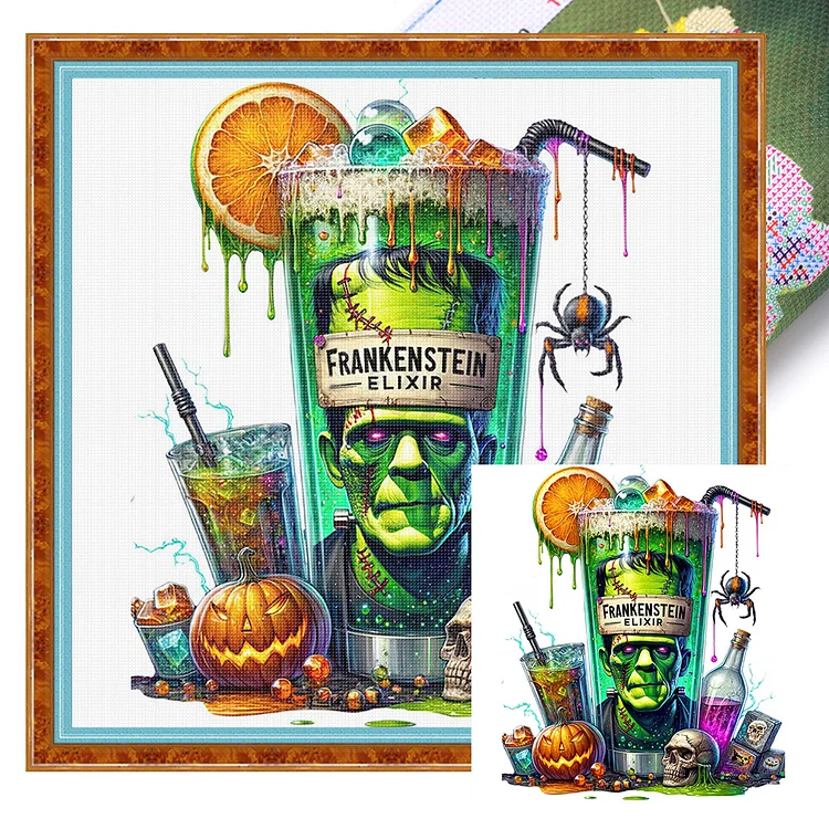 『YiShu』Halloween Wine Glass - 11CT Stamped Eco-Friendly Cotton Thread Cross Stitch(50*50cm)