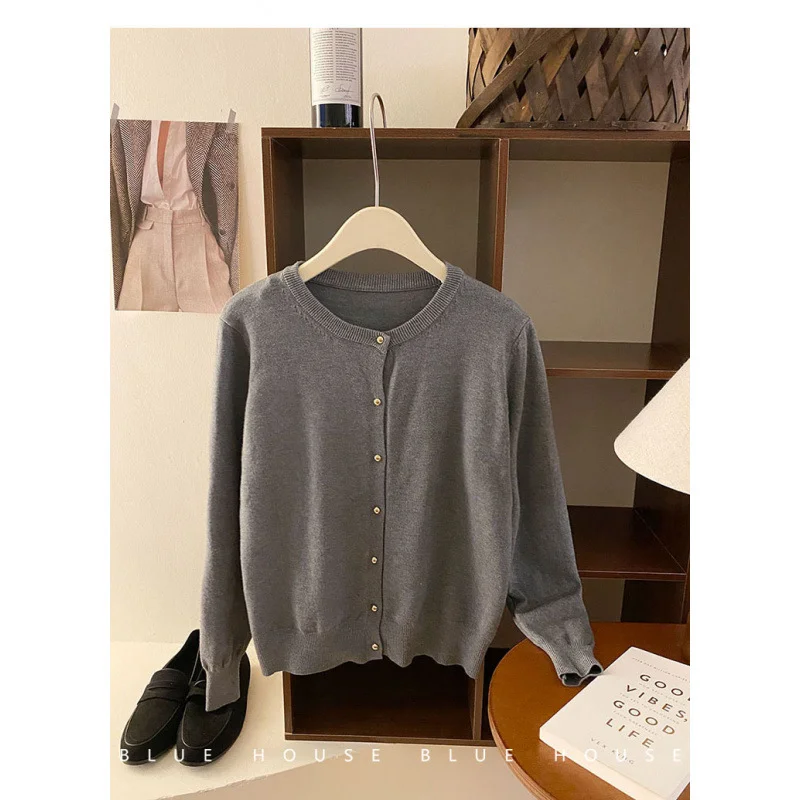 Uveng Uveng Style Gentle Retro Small Gold Button Net Version Long-Sleeved Knitted Shirt Women Autumn Collar Soft Glutinous Sweater Coat