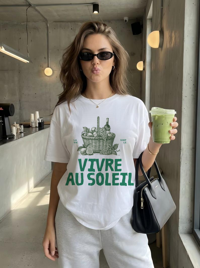 To Live in the Sunshine French Graphic T-Shirt Woven Basket Wine Tee for Women