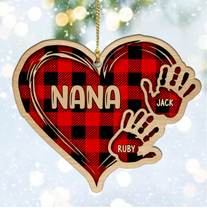 Grandma Mom Heart Hand Print Wood Ornament Custom 2 Names for Family