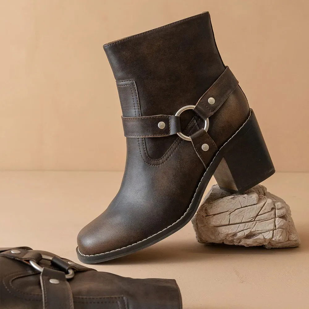 Distressed Dark Brown Square Toe Zipper High Heel Ankle Boots