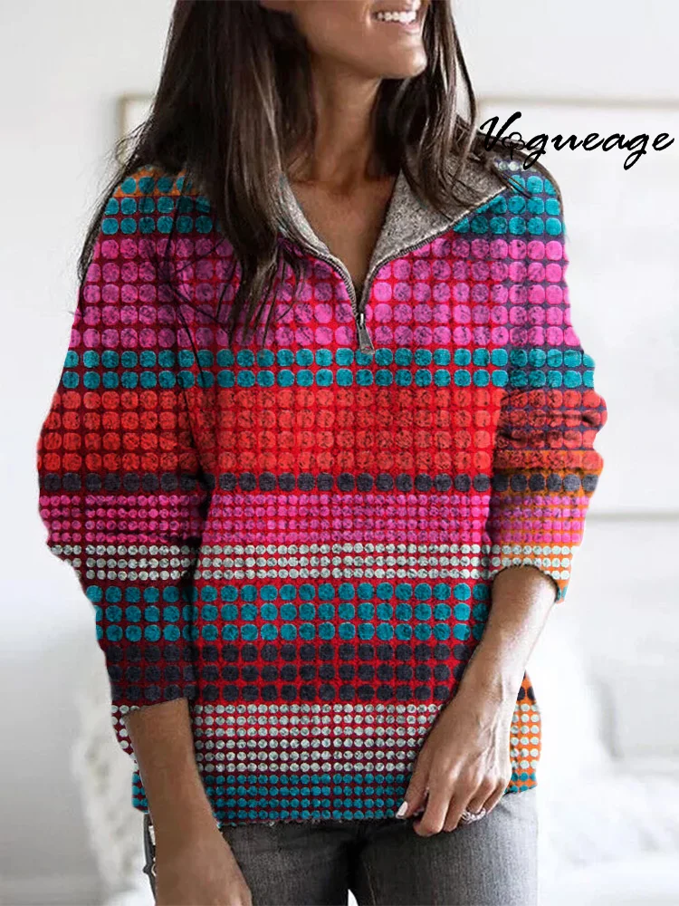 Women's Dark Colored Polka Dots Zippered Long-Sleeved Sweater