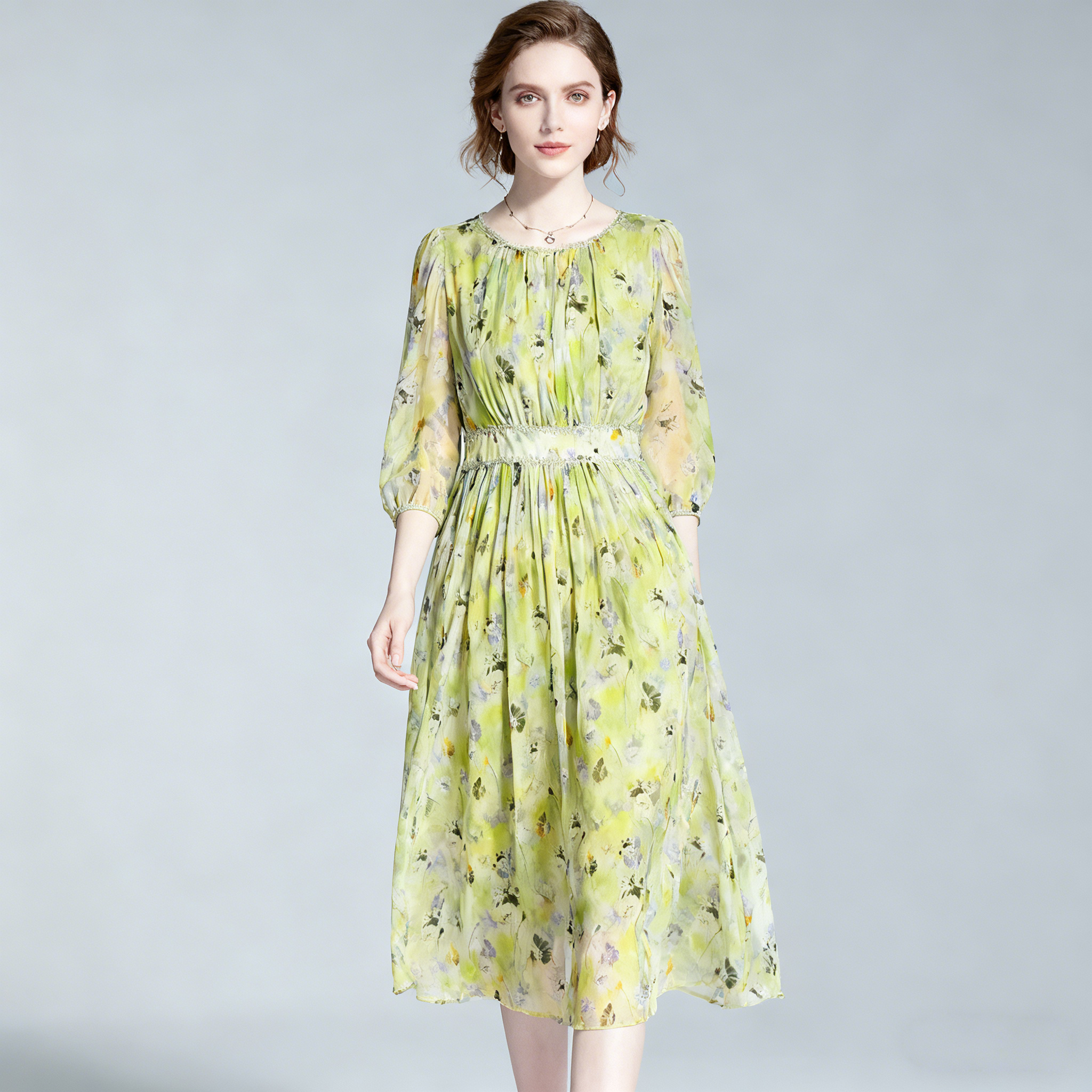Green Silk Floral Print Dress Vacation Style REAL SILK LIFE