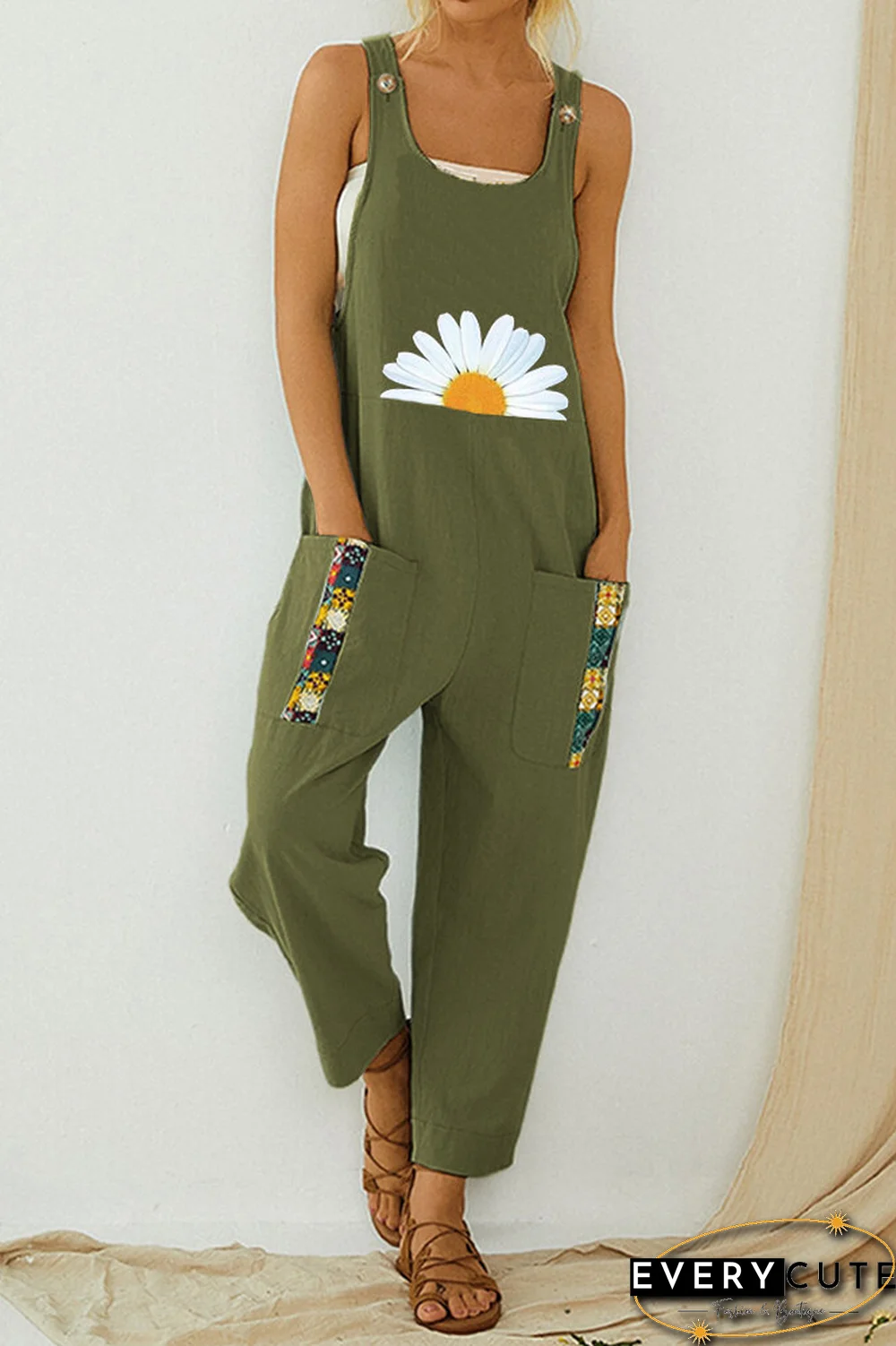 Daisy Print Pockets Patchwork Overall Jumpsuit
