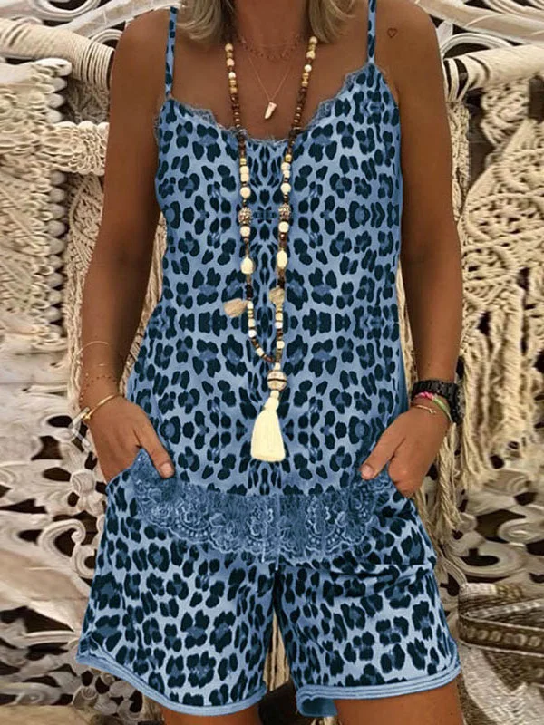 Women's Sleeveless V-neck Polka Dot Lace Stitching Top & Pockets Design Shorts Set