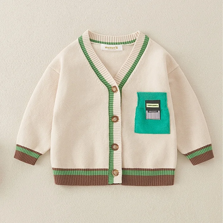 Baby Boy Bar Code Patch Block Color Long Sleeve Knitted Coat