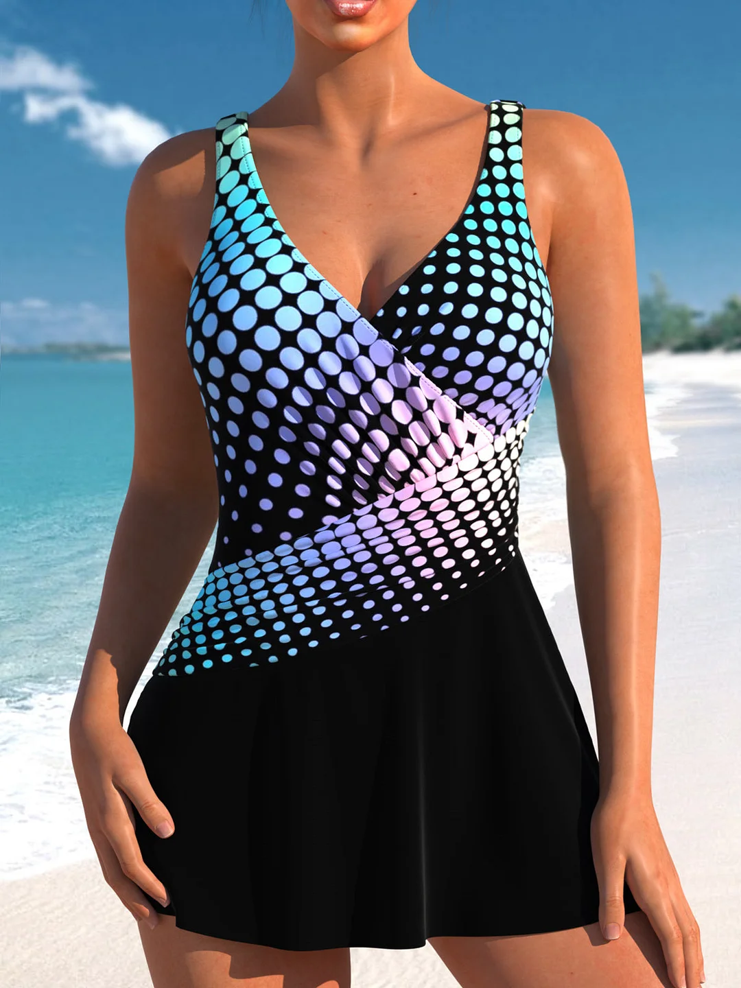 Women plus size clothing Surplice Black Polka Dot Print One Piece Swimdress-Nordswear