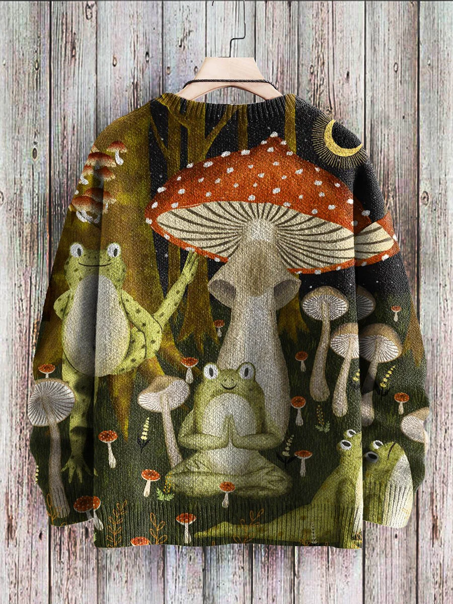 Vintage Cute Frog Yoga Mushroom Art Pattern Print Casual Knit Pullover ...