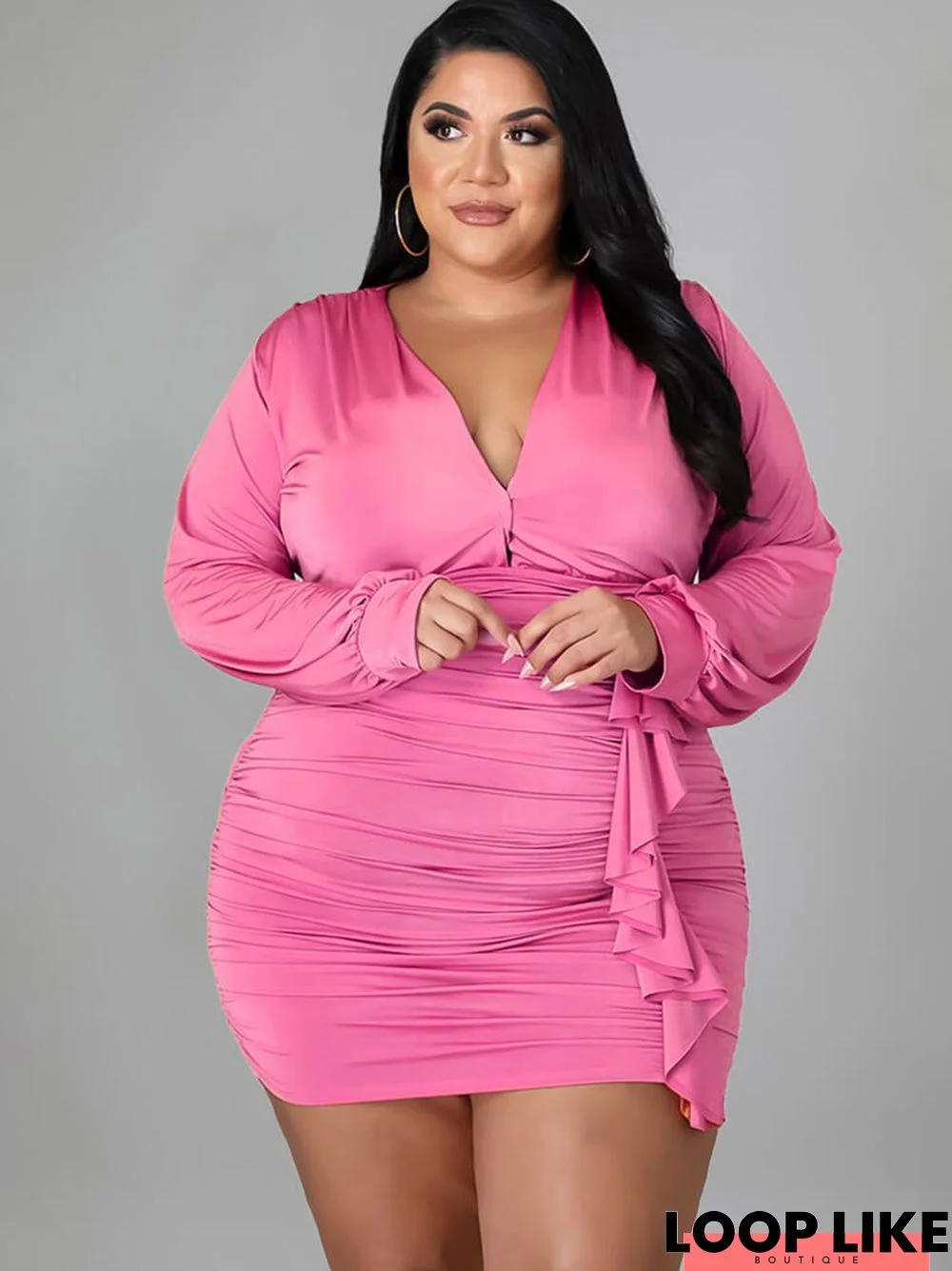 Plus Size Long Sleeve Ruched Bodycon Mini Dresses