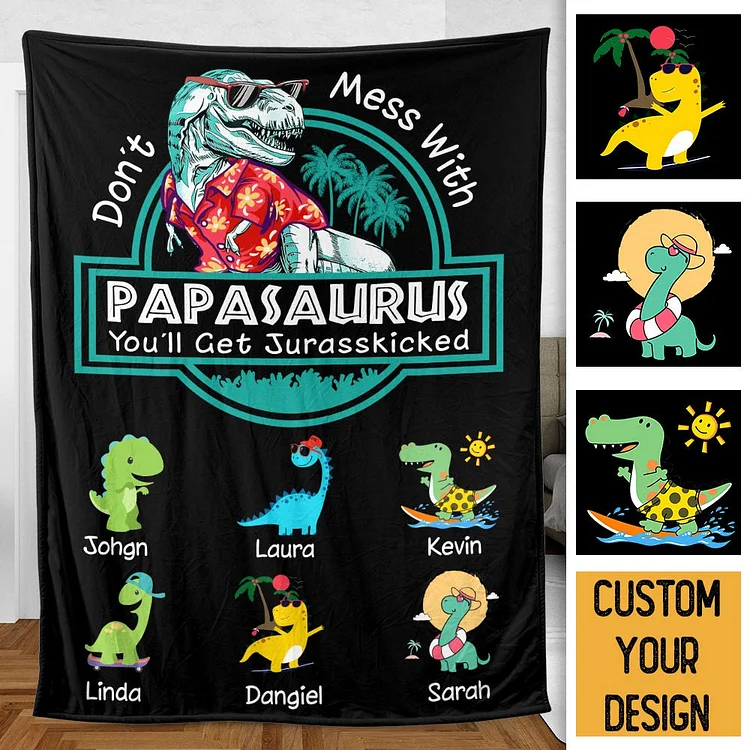Papasaurus Hawaii Version - Personalized Flannel Blanket For Dad