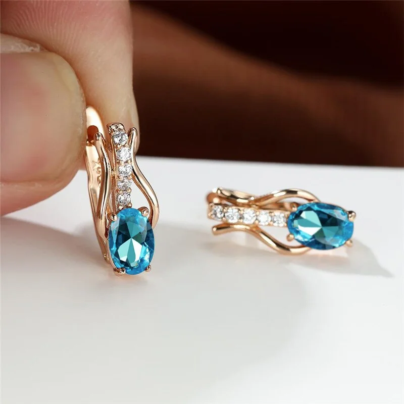 Luxury Female Crystal Oval Small Earrings Charm Yellow Gold Color Hoop Earrings For Women Dainty Pink Zircon Wedding Earrings