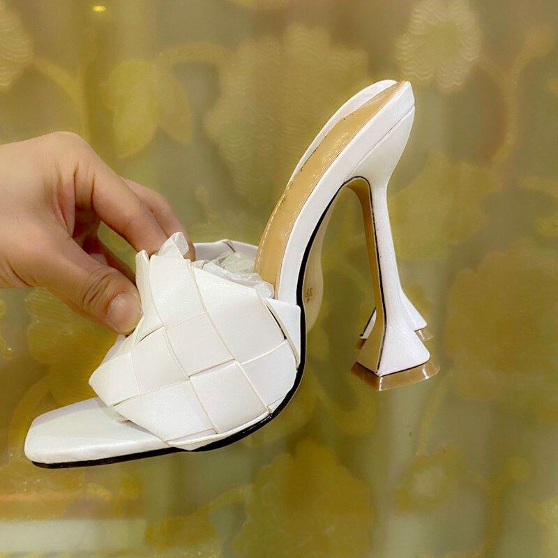 Fashion Square Toe Fabric High Heel Shoes Women Slippers Designer Luxury Leather Shoes For Ladies Beach Sandals Slip On Shoes 42