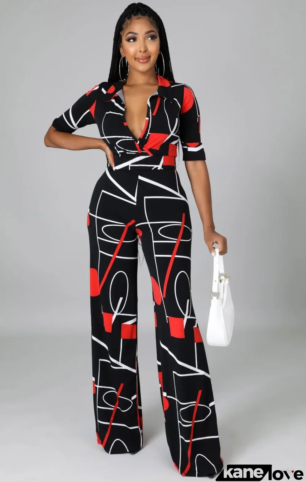 Autumn Formal Print Black V-Neck Collar Jumpsuit