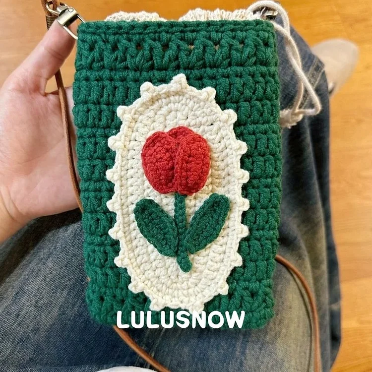 Lulusnow Handmade Green Rose Phone Bag Gift For Her/Him/Kids/Christmas/St.Patrick's/Birthday/Easter Crochet Crossbody Bag