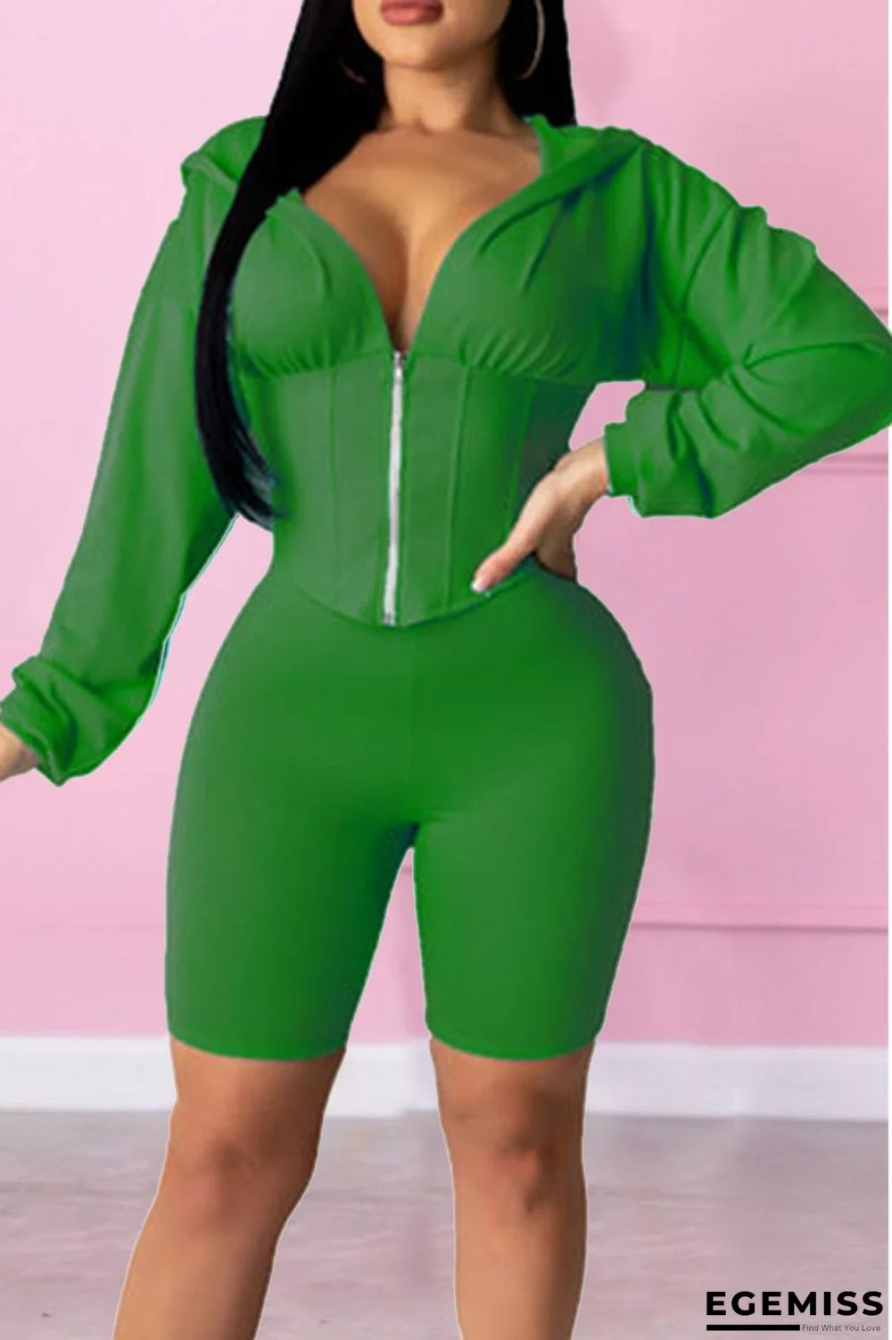 Green Casual Solid Patchwork Hooded Collar Long Sleeve Two Pieces | EGEMISS