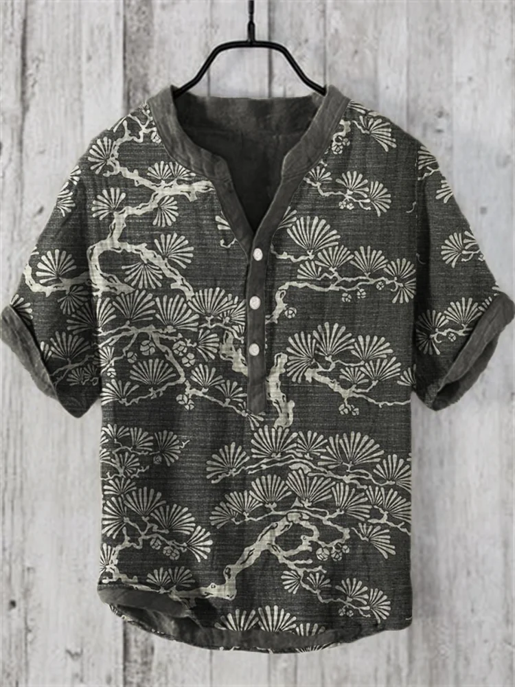 Pine Trees Japanese Lino Art Pattern Linen Blend Shirt