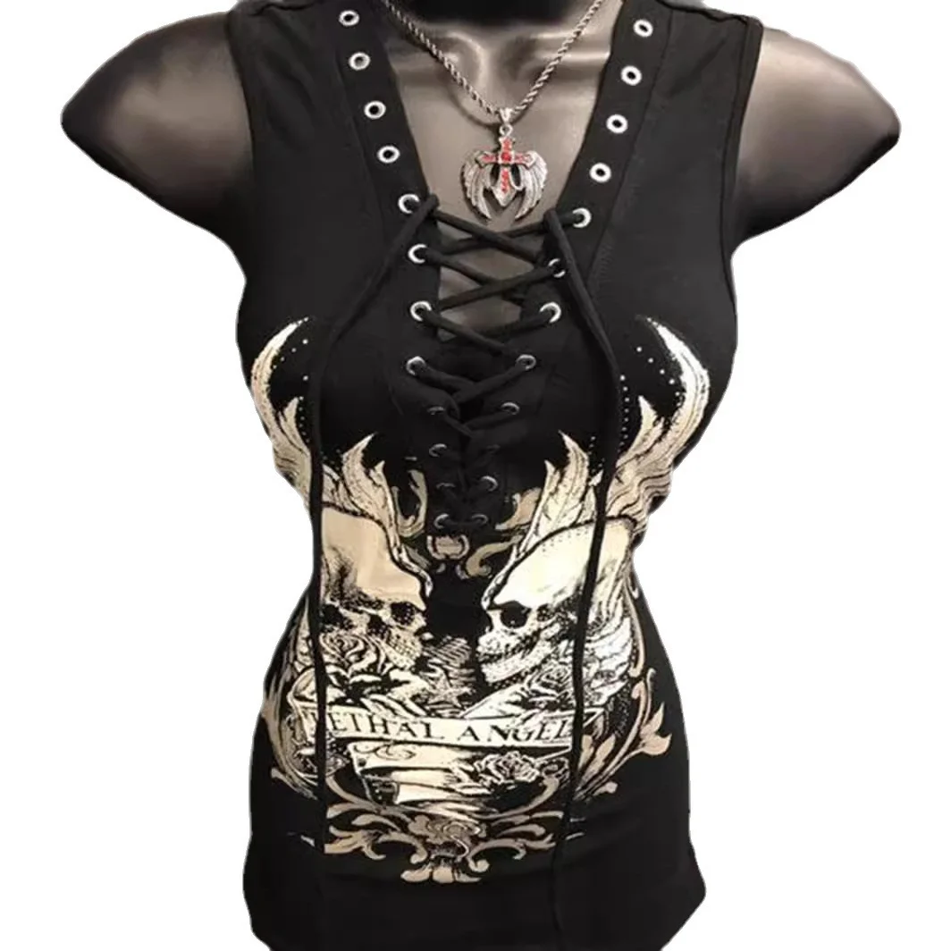 Wongn Wongn Women's Fashion Skull Print Strope T-Shirt