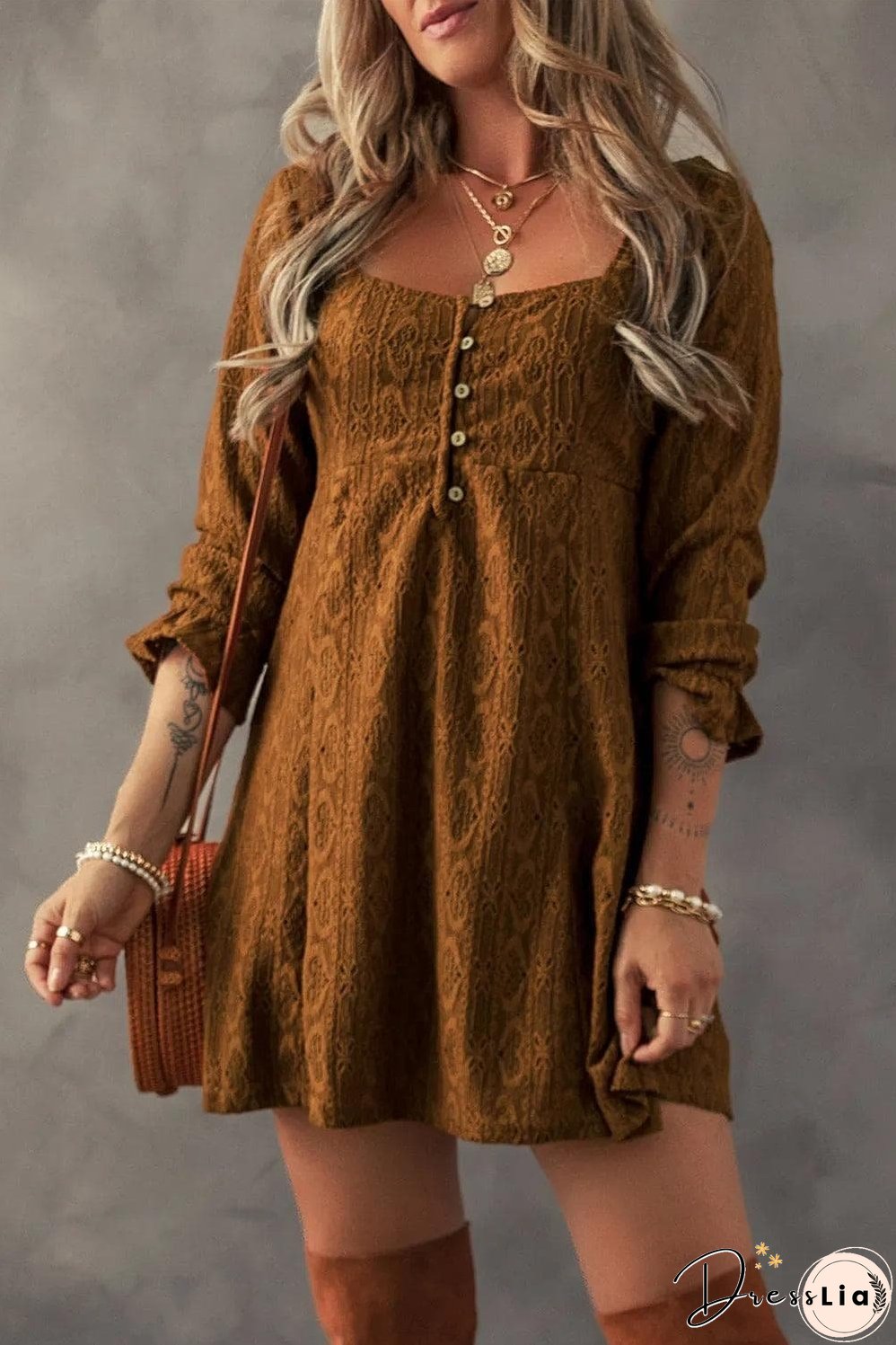 Chestnut Lace Crochet Buttoned Square Neck Shift Mini Dress