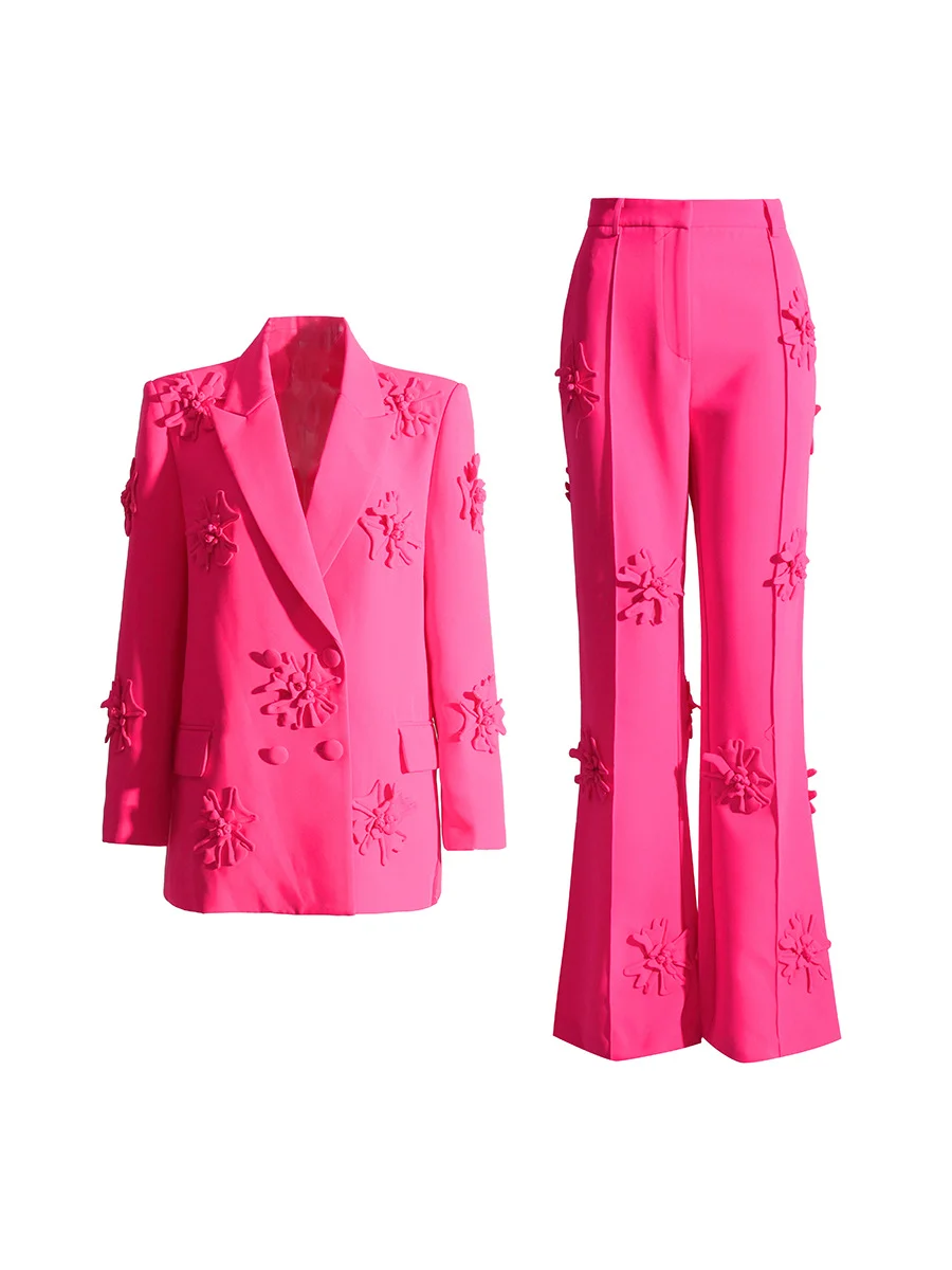 Yyvonne Trend Two-Piece 2025 New Suit Jacket + High-Waisted Micro-Screpe Trousers Three-Dimensional Flower Suit Woman