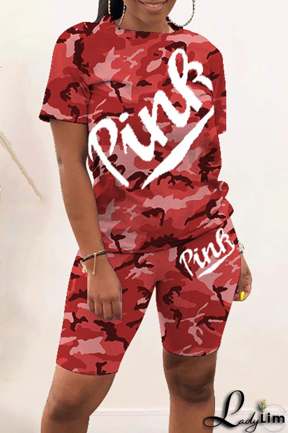 Red Fashion Casual Letter Camouflage Print Basic O Neck Short Sleeve Two Pieces