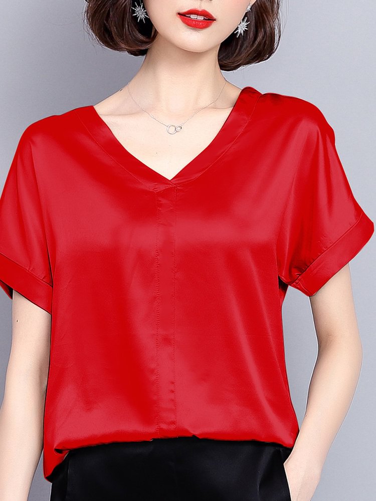Smooth Short Sleeve Solid Color V neck Casual T shirts P1306272