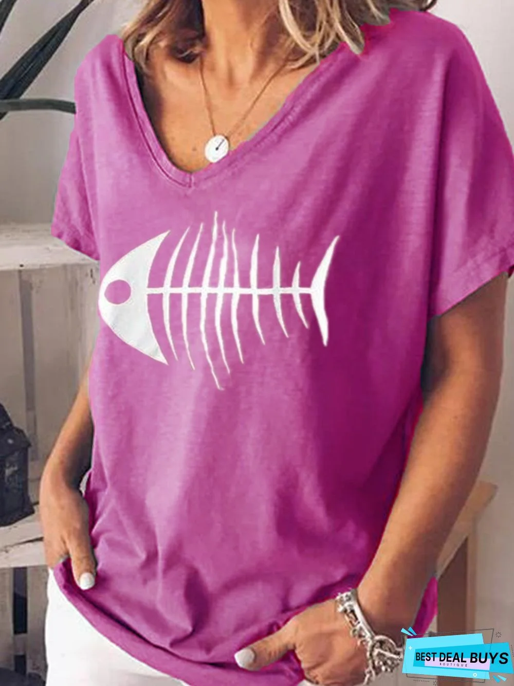 Cotton-Blend V Neck Short Sleeve Casual T-shirt