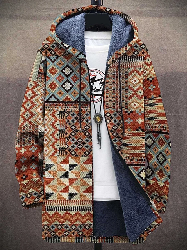 Men's Retro Art Print Plush Thick LongSleeved Sweater Coat Cardigan