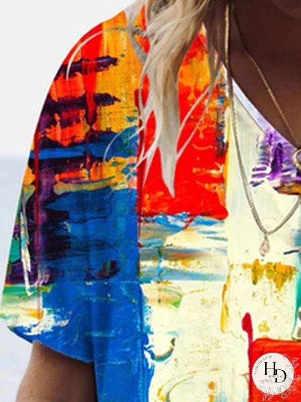 Color Block Printed V-neck Short-sleeved T-shirt