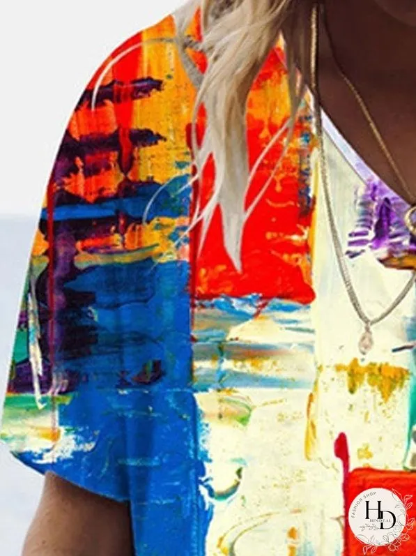 Color Block Printed V-neck Short-sleeved T-shirt