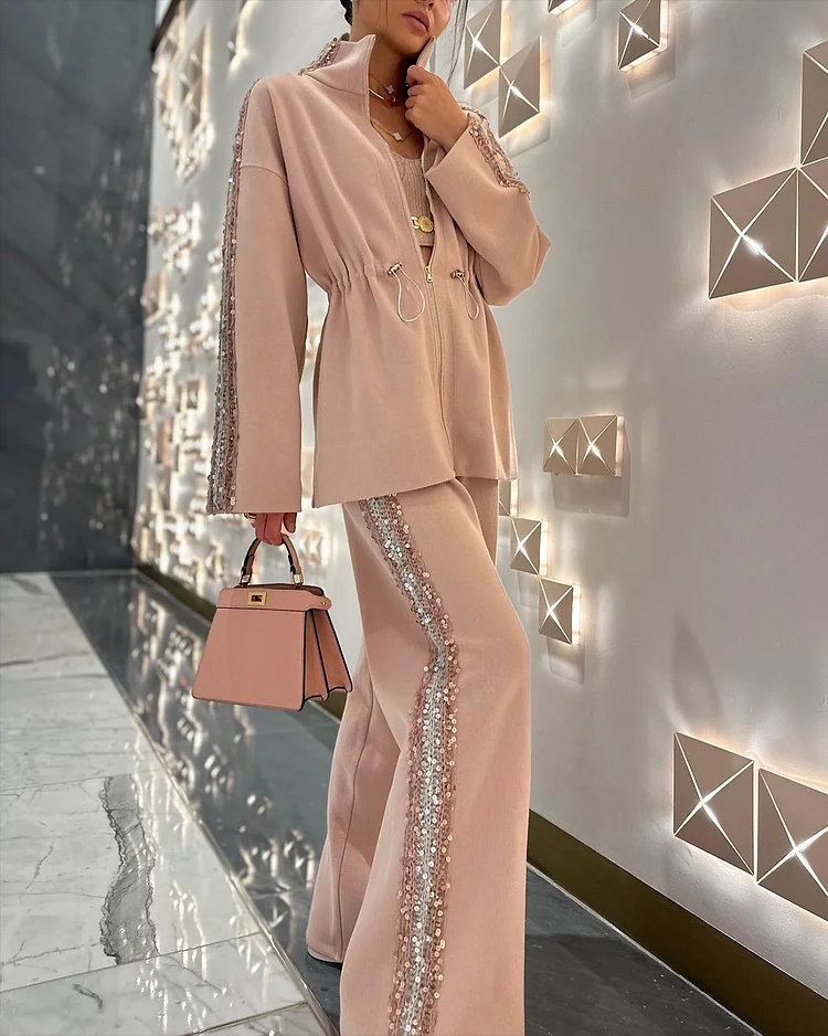 Women's Long Sleeve Zipper Sequin Two-Piece Suit