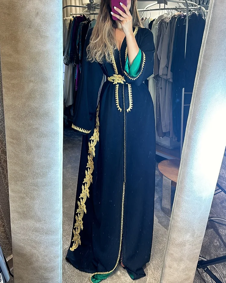 Women's V-neck slit embroidery Moroccan Dress