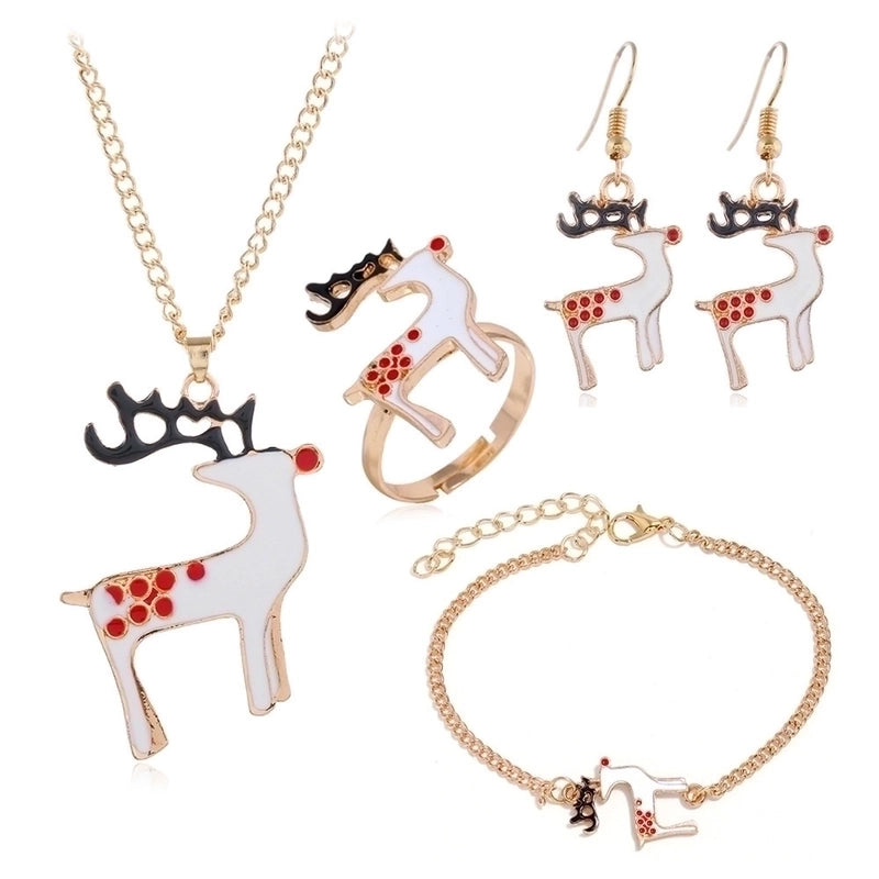 Christmas Series Earrings Necklace Bracelet Ring Set Santa Elk Bell Gift Jewelry