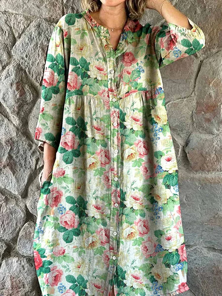 Women's Elegant Floral Pattern Cotton and Linen Dress with Pockets