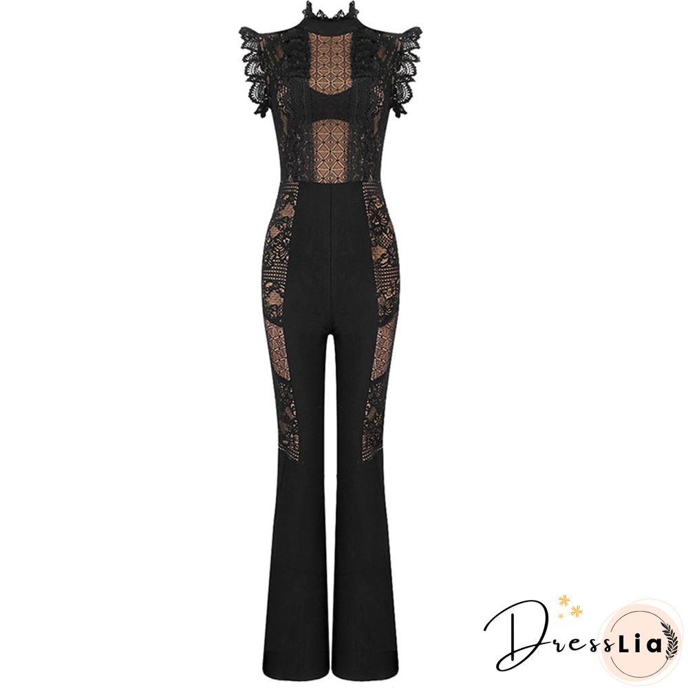 New Women's Jacket Jumpsuit Black High Collar Bandage Sexy Summer Jumpsuit Sleeveless Lace Rayon Bandage Overalls
