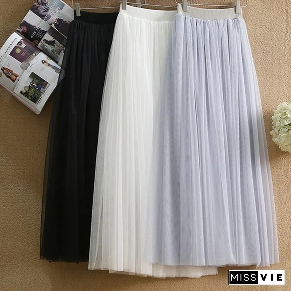 Tulle Skirts Women Summer Elastic High Waist Long Mesh Skirt Womens Tutu Maxi Pleated Skirt