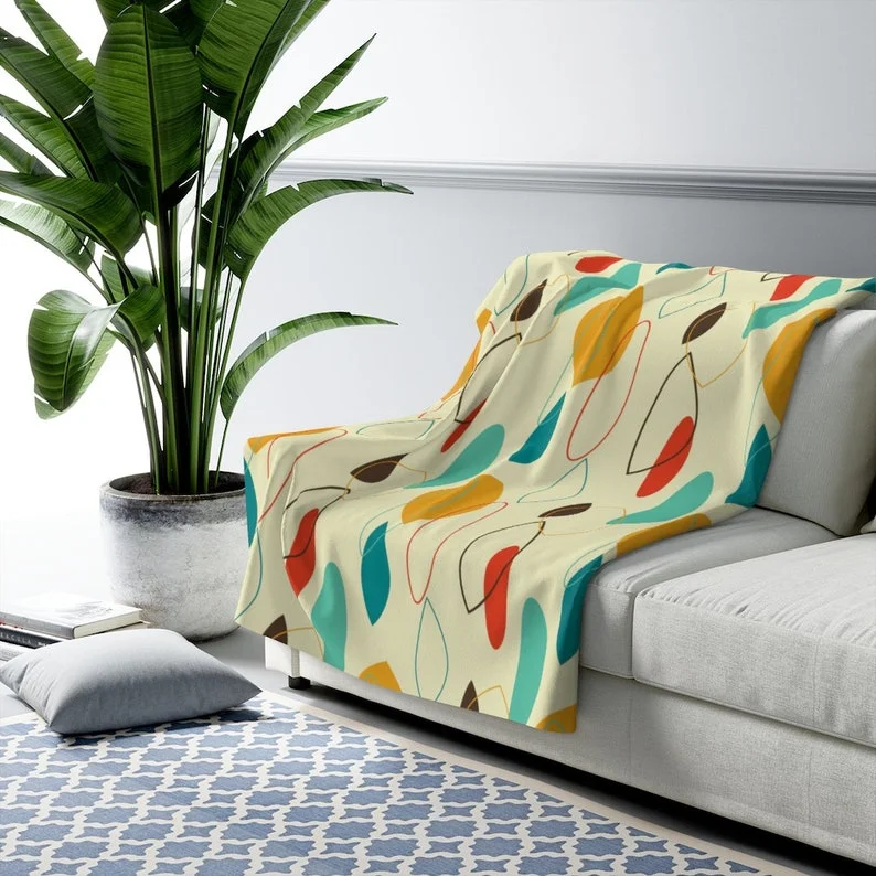 60''x80''Mid Century Modern Abstract Mustard and Teal Multi-Color Sherpa Fleece Soft and Cozy Blanket for Livingroom/Bedroom/Den/Nursery/Office 50x60