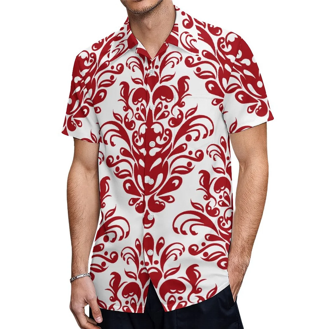 Dark Red And White Elegant Damask Hawaiian Shirt Mens Button Down Plus Size Tropical Hawaii Beach Shirts