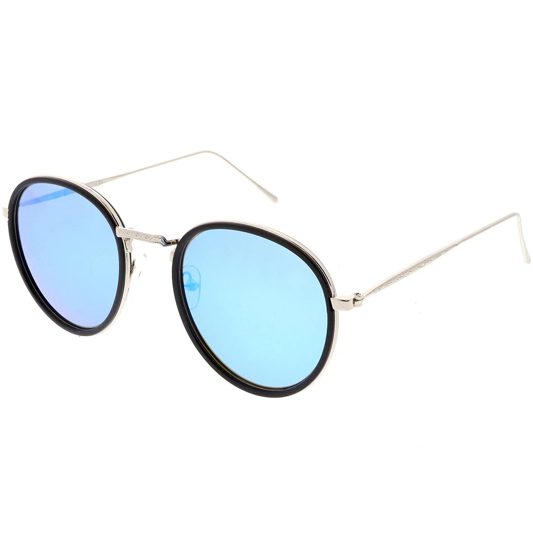 Modern Round glasses Engraved Slim Metal Arms  Color Mirrored Flat Lens 51mm