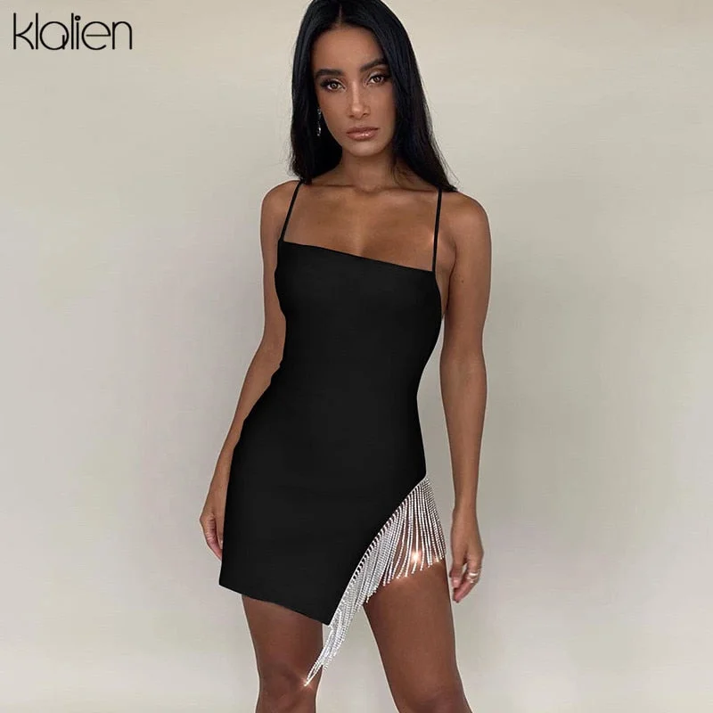 Abebey Tassel  Solid Strapless Sleeveless Patchwork Bodycon Dress New Summer Fashion Elegant Senior Club Party Mini Dress