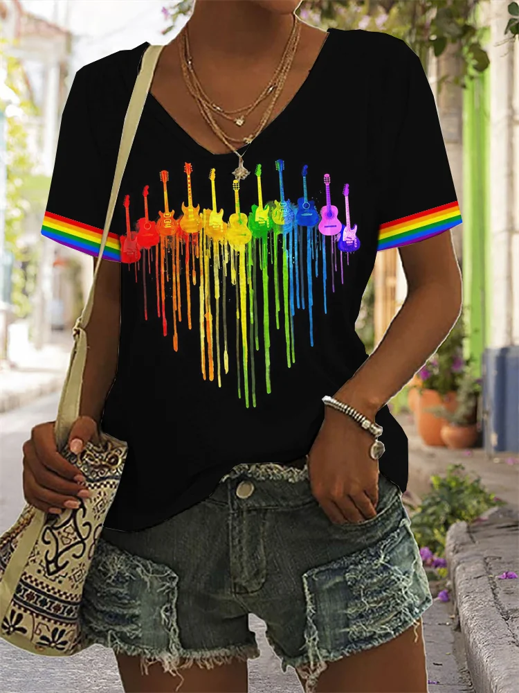 Rainbow Guitar Heart Graphic V Neck Comfy T Shirt