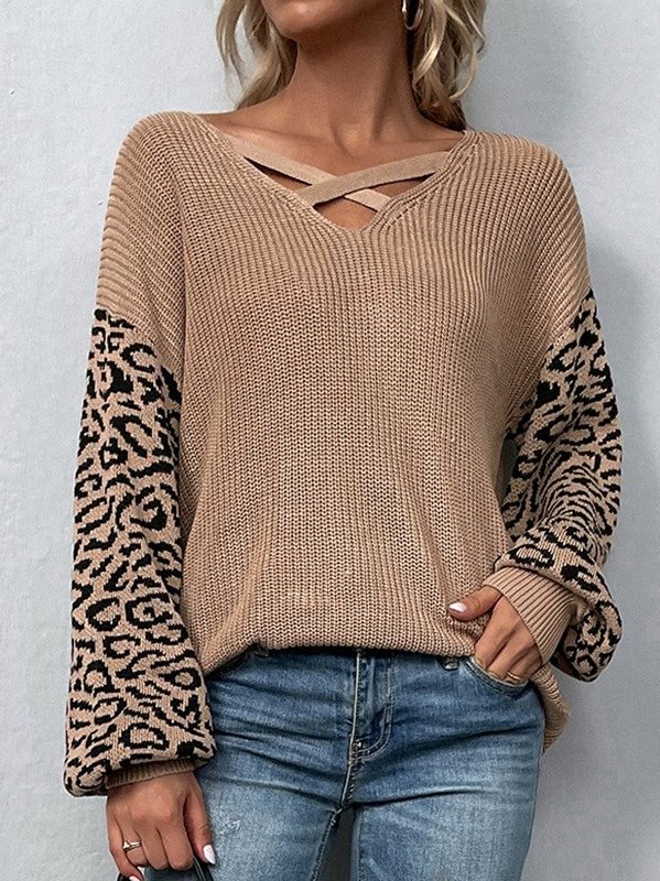Contrast Color Leopard Sweater Lantern Sleeve Knitted Pullover Cross V-Neck Knit Tops