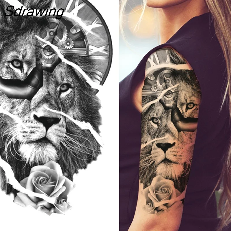 Sdrawing Wolf Temporary Tattoos For Men Women Adult Fake Lion Tattoo Sticker Tiger Black Tribal Body Art Drawings Tatoos Arm