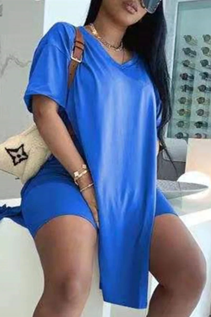 Blue Fashion Casual Solid Slit V Neck Short Sleeve Two Pieces