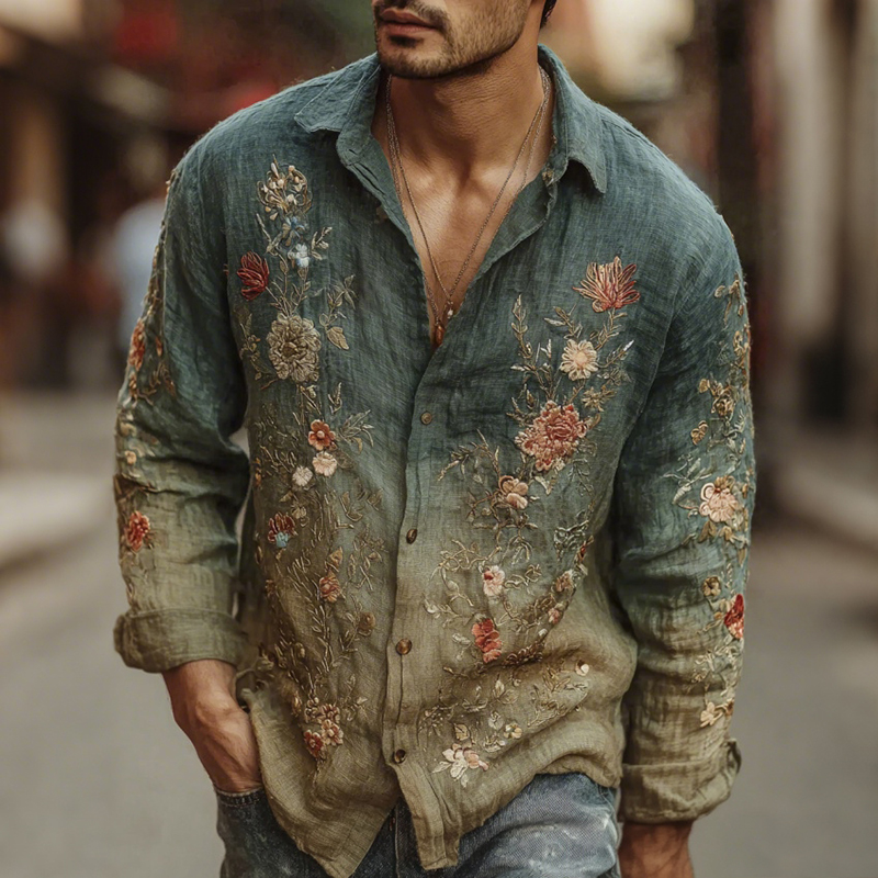 Men's Bohemian Retro Floral Print Long-sleeve Linen Shirt  artssus
